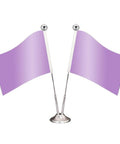 Two purple desk flags on silver poles with round bases, shown side by side