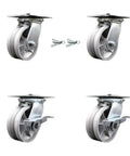 Heavy Duty Swivel Caster Set Beast Mode Five Inch Semi Steel Wheels With Smooth Rolling Maintenance Free Bearings and V Groove Top Plate Mount, featuring four casters.
