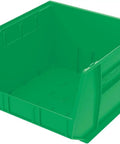Green 3 Pack Stackable Plastic Storage Bins Space Saving Organizer for garage pantry closet, 18 by 16 by 11 inches, 75 lb capacity.