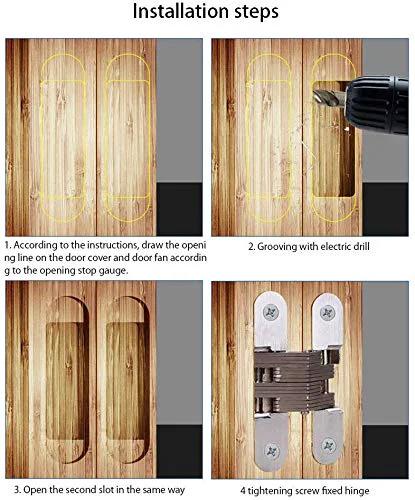 Installation steps for Pair Of Three And Three Quarters Inch  Hidden Gate Hinge In Stainless Steel With Concealed Barrel And Satin Silver Finish For Low Profile Flush Mount And Invisible Door Look Great For Wood Box Doors And Secret Cabinets