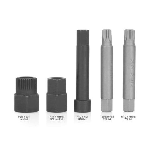 Five Piece Alternator Decoupler Pulley Tool Kit With Pulley Sockets And Shaft Bits For Removing And Installing Decoupler Pulleys On Most Vehicles, Fits OAD And OWC Pulleys, showing different sized bits and sockets.