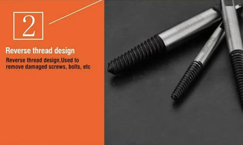 Close-up of Heavy Duty Bolt And Screw Extractor Set Five Piece CrMo Steel with reverse thread design for damaged screws removal.