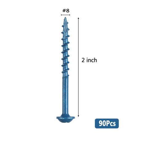 Single screw from Go-To 2 Inch Pocket Hole Screws Set For DIY Builders, 90 Count Size 8, blue anti rust coating, exterior use.