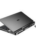 Badass 7 Inch FHD Touchscreen Mini Laptop PC Featuring Intel Core I3 N300 Eight Core Processor With 16GB RAM And 512GB SSD Drive Plus Fast WiFi 6 Hotspot For Daily Grind, angled view showcasing ports and keyboard.