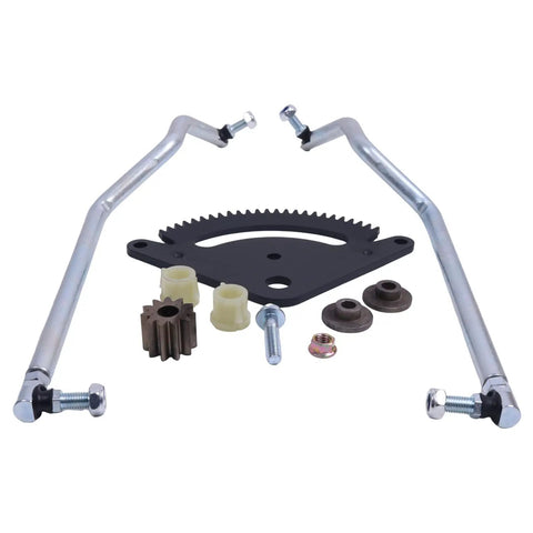 Selective Sector Steering Drag Link Kit For John Deere L110 L111 L118 L120 L130 Tractors, Includes Right And Left Drag Links, Selective Sector Gear Plate, Pinion Gear, Easy Install, Beefed-Up Heavy Duty Upgrade, kit parts laid out