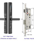 Straight Up Solid Smart Fingerprint Door Lock With Ip65 Waterproof App Control And Illuminated Touchscreen Keypad For Push And Pull Sliding Front Doors Quick Install showing dimensions and design.
