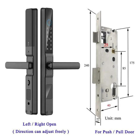 No Sweat Smart Fingerprint Lock With Phone App Control And IP65 Waterproof Build For Push Pull Handles and Sliding Doors Keyless Entry Electronic Deadbolt Touchscreen Keypad with adjustable direction.