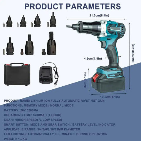Cordless Electric Rivet Nut Gun Set With Brushless Motor, Two Speed Settings, And Built In LED Light with various inserts and charger.