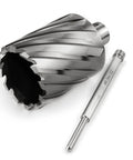 2x2 in annular cutter with 3/4 in Weldon shank and pilot rod, metallic finish, angled side view