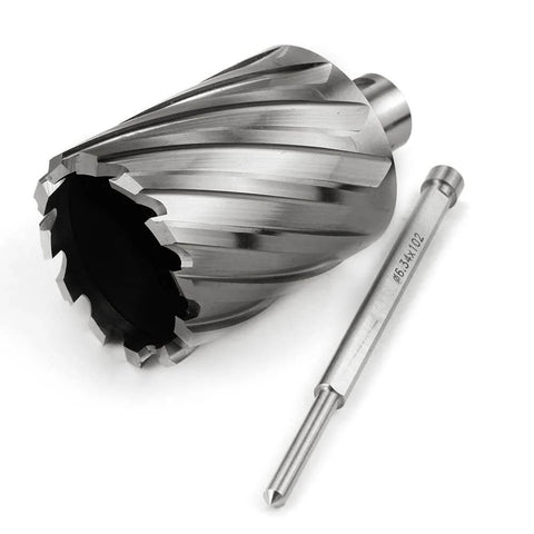 2x2 in annular cutter with 3/4 in Weldon shank and pilot rod, metallic finish, angled side view