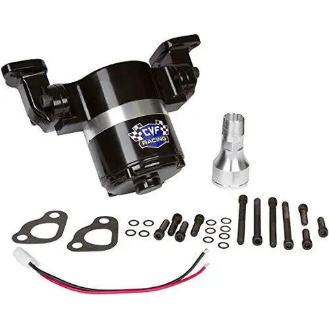 High Output Straight Fire Electric Water Pump For Small Block Chevy 302 350 400 Engine, black aluminum, included gaskets and hardware.