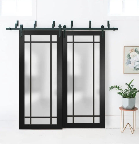 Frosted Glass Sliding Closet Barn Doors With Hardware Matte Black Rails And Tracks Heavy Duty Six Point Six Foot System 84 By 96 Inches Two Panels Modern Wood Solid Wardrobe Doors