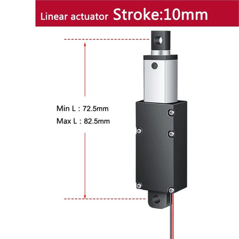 Compact DC 12V Linear Actuator Delivering Buttery Smooth Motion With 10mm Stroke And Solid 70N Push Power For Dead Simple Install dimensions with min and max lengths.