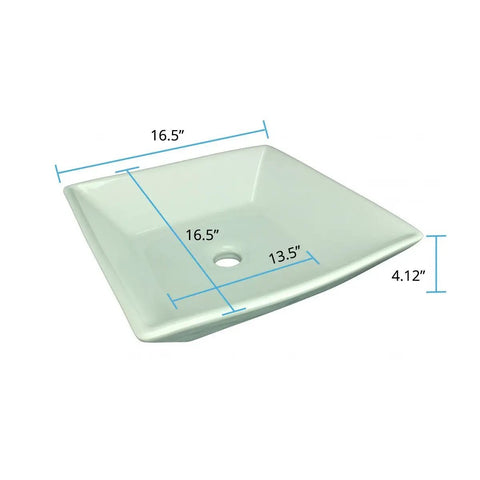 Castle 16.5 Inch Square White Vitreous China Vessel Sink For Countertop With Overflow shown with measurements.