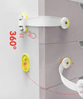 Green Safety Cabinet Locks Two Pack Easy Install ABS Material Kid Proof Latches shown on drawer with 360-degree lock design.