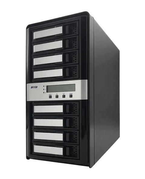 Heavy Duty Workhorse Eight Bay Thunderbolt 3 Usb 32 Gen 2 Raid Enclosure Connecting Sata And Sas Drives, black chassis with eight drive bays.