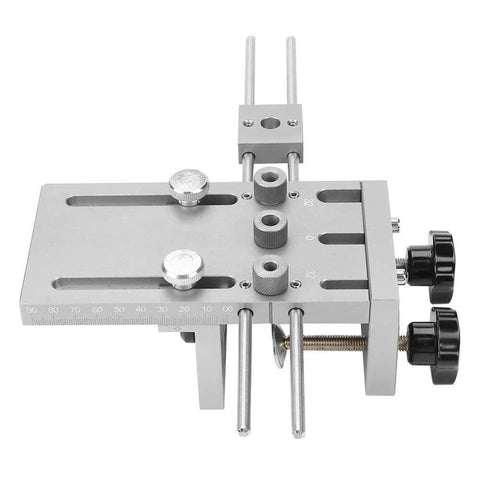 Three In One Dowel Jig Kit With Self Centering Dowel Jig, Drill Locator And Adjustable Drill, shown with clamp board, metal structure.