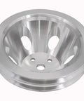 Heavy Duty Aluminum Double Groove Water Pump Pulley For Small Block Chevy 265 283 305 327 350 383 400 With Short Pump Slick Satin Finish Built Tough Zero Play Locktight Bolt On, showcasing a shiny aluminum finish.