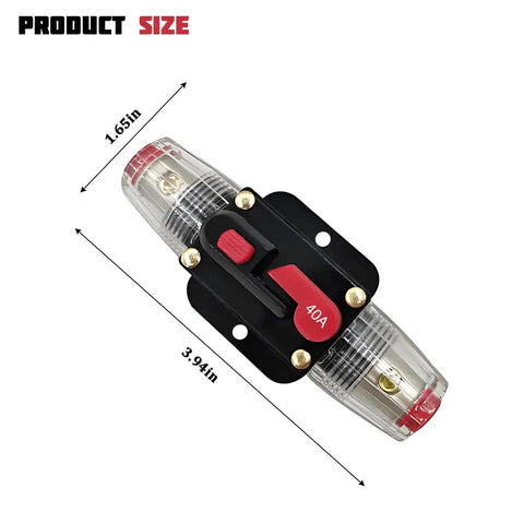 Top Shelf 40 Amp Auto Circuit Breaker with dimensions 1.65in x 3.94in. Waterproof inline fuse made of durable materials.