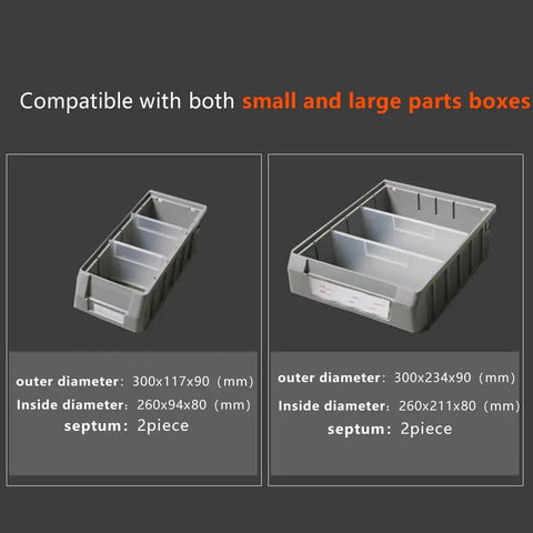 Upgrade Your Workshop Gang Setup With This Straight Up Solid Rolling Tool Cart Featuring Industrial Plastic Drawers A Perforated Pegboard Backer Custom Diy Compartments For Screws And Portable Document Pouches Built For Peace Of Mind, showing two compatible parts boxes.