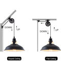 Diagram of plug in industrial pulley pendant light with E26 socket and 16 foot 4 inch cord, showing sloped and flat ceiling installation options