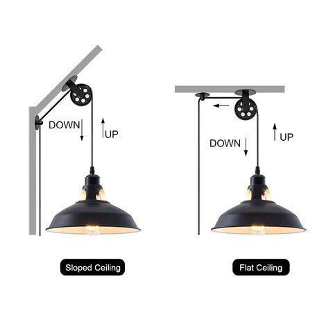 Diagram of plug in industrial pulley pendant light with E26 socket and 16 foot 4 inch cord, showing sloped and flat ceiling installation options