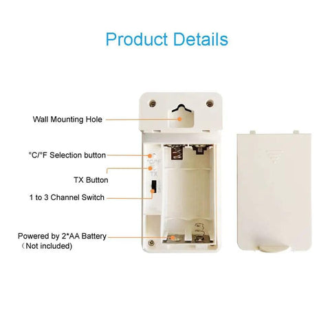 Wireless Outdoor Thermometer Sensor Replacement For SC91, back view with wall mount hole, channel switch, and 2 AA battery compartment