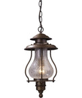 Wikshire 8 Inch Wide 1 Light Outdoor Pendant in Coffee Bronze with Cast Aluminum and Clear Crackle Glass vintage gas lantern style.