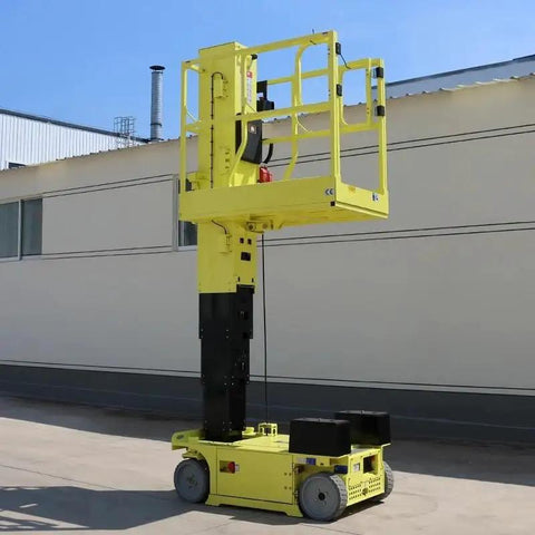 Rock Solid Self Propelled Telescopic Lifting Platform For Professional Aerial Work Featuring A Heavy Duty Vertical Sleeve Mast With Incredible Load Capacity And Super Smooth Extension Action Up To Nine Meters For Ultimate Job Site Performance, yellow platform with lifting mast.