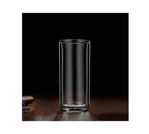 Slick Double Wall Insulated Glass Tumbler Set Featuring 16 Oz Collins Style Highball Cups Built To Chill Craft Beer Cocktails Smoothies Tropical Mixers And Party Drinks Pair on a wooden surface.