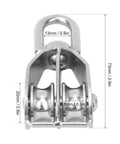 Two Pack Double Pulley Block Heavy Duty Lifting Sheave With Steel Wire Rope Hook For Rock Solid Rigging Jobs Quick Setup Design. Close-up of dual sheave with dimensions, showing metal construction.