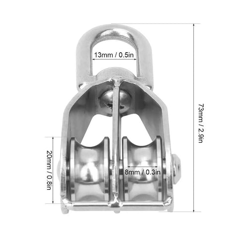 Two Pack Double Pulley Block Heavy Duty Lifting Sheave With Steel Wire Rope Hook For Rock Solid Rigging Jobs Quick Setup Design. Close-up of dual sheave with dimensions, showing metal construction.