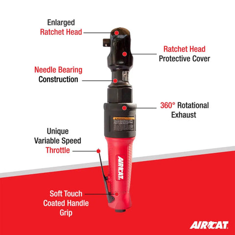 Compact Three Eighths Inch Air Ratchet Wrench With 80 Ft Lbs Torque And 200 RPM Ergonomic Grip Quiet 84 dBA close-up