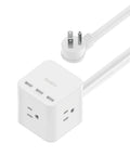 White Six Outlet Power Cube With Three AC Outlets And Three USB A Ports Plus A Five Foot Extension Cord For Home Office Desktop Travel And Phone Charging Everyday.