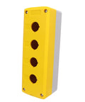Push Button Control Station Box Four-Gang Industrial Grade ABS Plastic Enclosure, yellow front view, IP65 dust and water resistant.