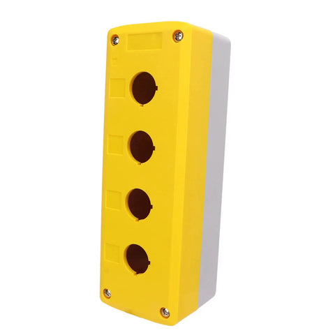 Push Button Control Station Box Four-Gang Industrial Grade ABS Plastic Enclosure, yellow front view, IP65 dust and water resistant.