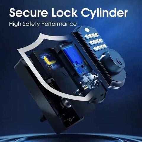 Slick Keyless Entry Door Lock With Electronic Keypad close-up showing secure lock cylinder, digital mechanism, and durable steel housing.