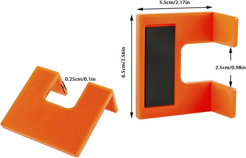 Magnetic Cabinet Door Hinge Spacer With Scale For A Clean 2mm Gap Handy Hinge Alignment Tool For Cabinet Door Installations shown in bright orange.