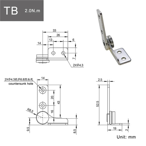 304 stainless steel damping hinge TB-right, 2.0 N·m torque, non-adjustable with mounting plate
