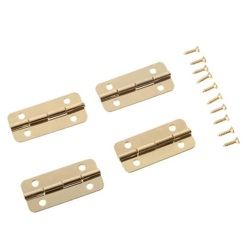 Top Shelf Gold Decorative Furniture Hinges 10 Pack Of 37 By 17 Mm Cabinet Drops Snazzy Vintage Drop Front For Jewelry Boxes And Wooden Crates No Sweat Assembly Included showing four gold metal hinges with screws