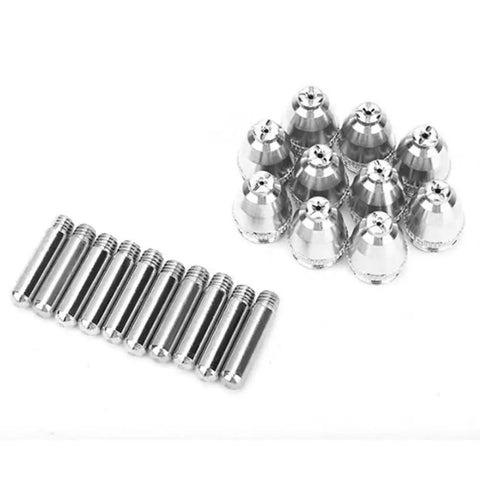 Top Grade 100 Piece Plasma Cutter Consumables Kit Featuring Nozzles And Electrodes Perfect For Ag60 Wsd60 Sg55 Machines. Nozzles and electrodes arranged neatly.