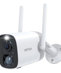 Wireless Outdoor Security Camera With 2K Color Night Vision And AI Motion Detection on wall mount, white design.