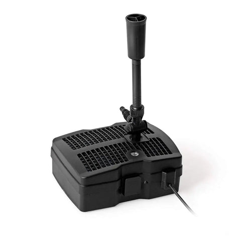4 In 1 Submersible Pond Filter Pump 660 GPH Fountain Pump With 9 Watt Sterilizer And 3 Nozzles All In One Water Pond Cleaning System With Built In Pump For Outdoor Use Black showing pump and nozzle.