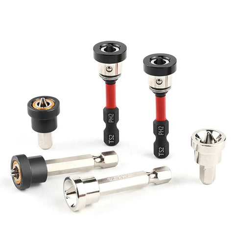 Magnetic Drywall Screw Setter Bits Set With Adjustable Depth showing S2 steel and removable aluminum collar, 5-piece pack.