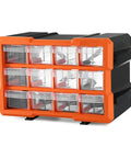 Heavy Duty Plastic Hardware Toolbox With Slide Out Compartments For Screws Bolts And Parts Organizer with transparent lid and orange clips.