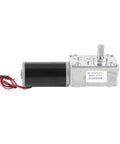 Straight Up Heavy Duty DC 24V Self Locking Gear Motor With Reversible Single Shaft Speed Reduction At 30 Rpm, aluminum body and red-black wires.