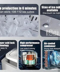 Features of Self Cleaning Countertop Nugget Ice Maker Churns Out Twenty Six Pounds Of Bullet Ice Daily With Lightning Fast Six Minute Cycles.