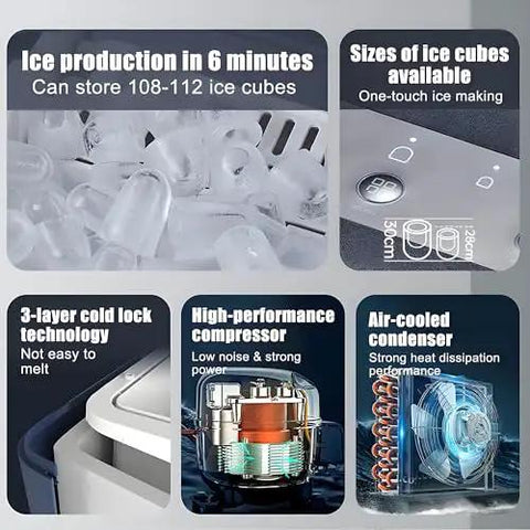 Features of Self Cleaning Countertop Nugget Ice Maker Churns Out Twenty Six Pounds Of Bullet Ice Daily With Lightning Fast Six Minute Cycles.