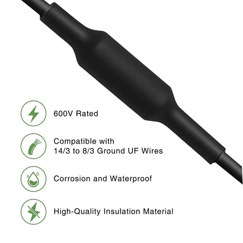 Heavy Duty Direct Burial Splice Kit For 14/3 To 8/3 UF Cable, black heat shrink tube, 600V rated