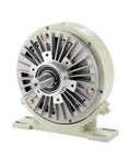 Front view of a beige magnetic powder clutch brake with mounting base and central shaft.